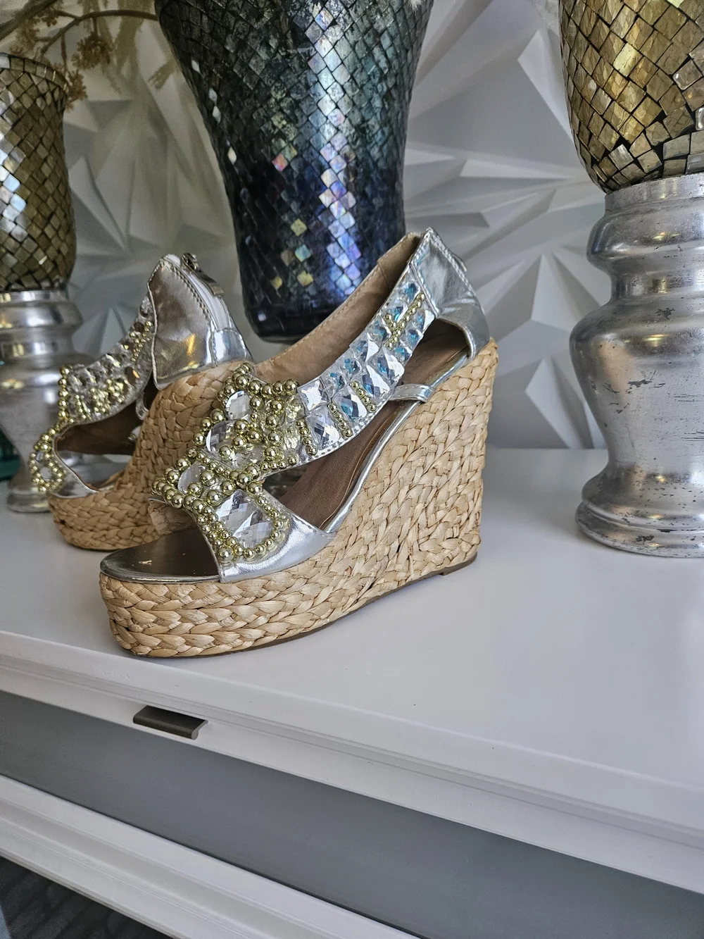 Taos Footwear Silver Woven Espadrille Wedge Sandals with Gold Bead Accents